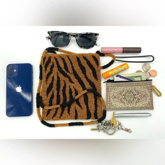 Vintage Tiger Striped Glass Beaded Crossbody Purse Dance Club Party Cocktail Bag - Picture 1 of 15